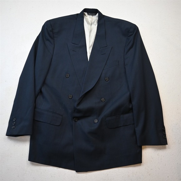 Vtg USA Double Breasted 44L Navy Blue Windowpane Wool Blazer Jacket Sport Coat